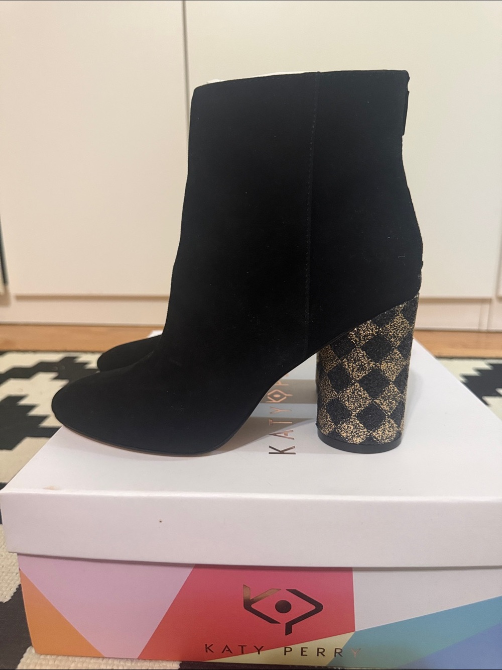 Katy Perry Black Suede Ankle Boots with Gold Checkered Block Heel Round Toe